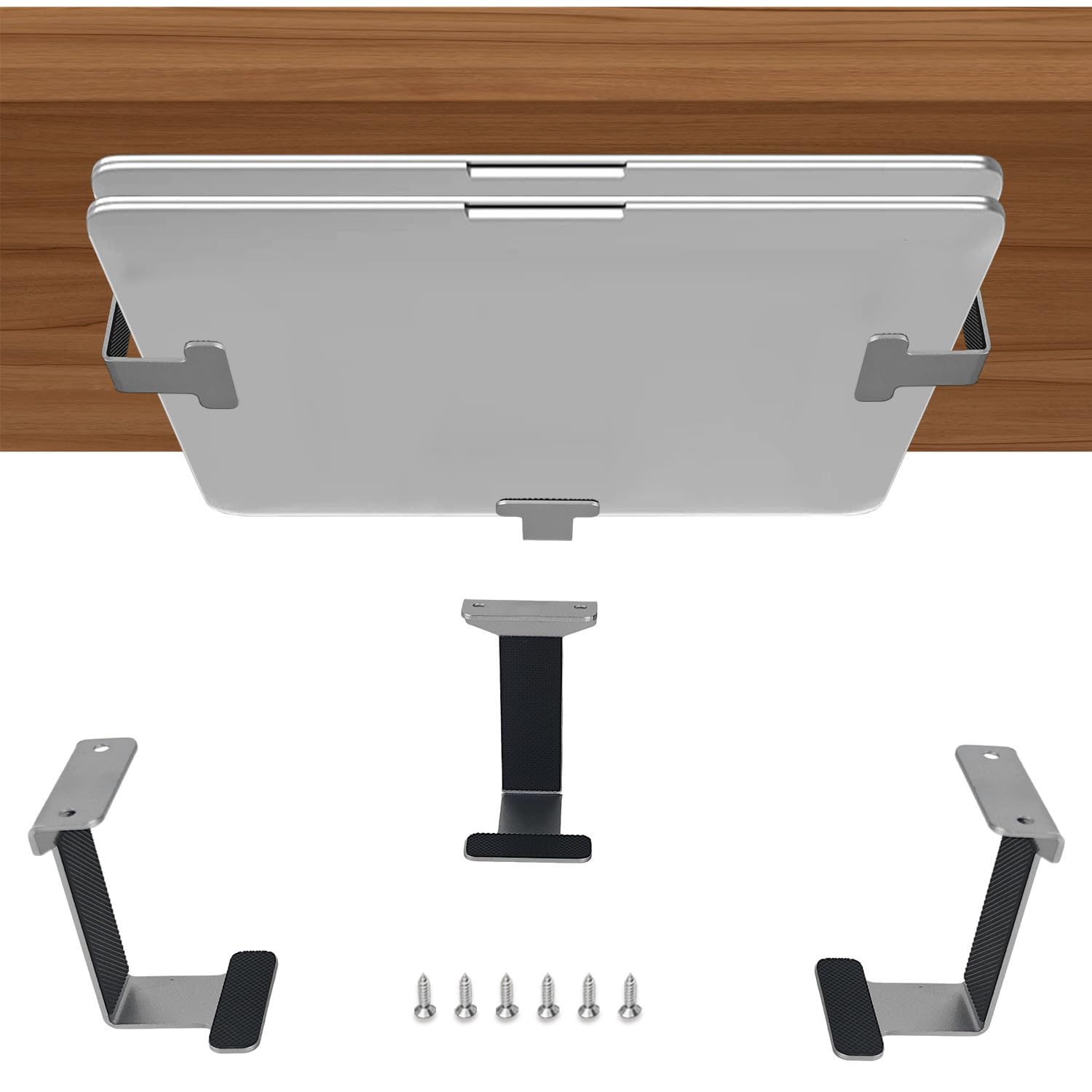 JEMACHE Metal Under Table Desk Holder for Laptop, Xbox Series S, Xbox One S/X, PS4 Slim/Pro, Desktop Mini PC, Wireless Amplifier with Anti-Scratch Silicone Silver 8cm