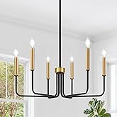 Black and Gold Chandelier, 6-Light Farmhouse Chandelier for Dining Room Lighting Fixtures Hanging, Dining Light Fixtures Indu