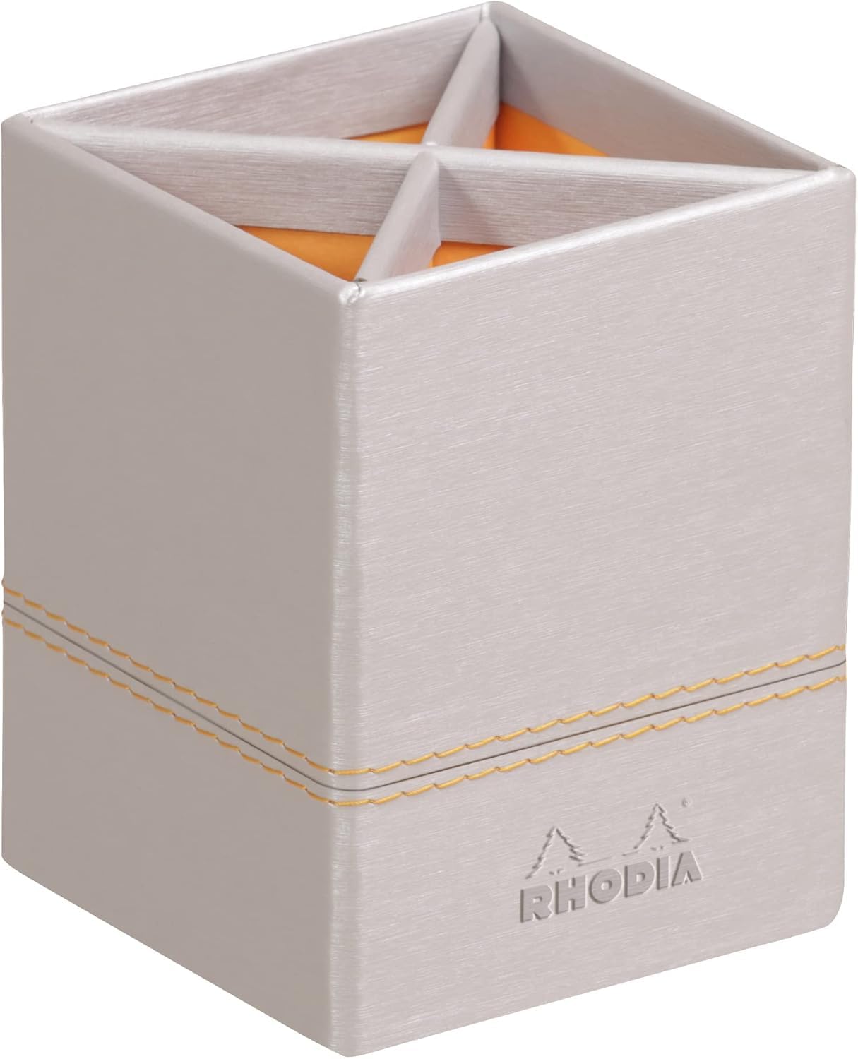 RHODIA 318811C - Silver Pencil Holder - 8x8x11 cm - Orange Saddle Stitching - Faux Leather Exterior - Rhodiarama Home Office Collection - Office Organization & Designer Storage