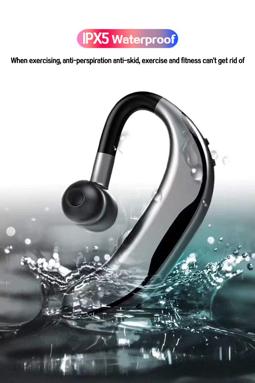 SLUB True Wireless Bluetooth Single Earbud with Microphone 17-18 Hours Playtime Noise Cancelling  Waterproof Ear-Hook Sport Headset for  Cell Phone (Gray)