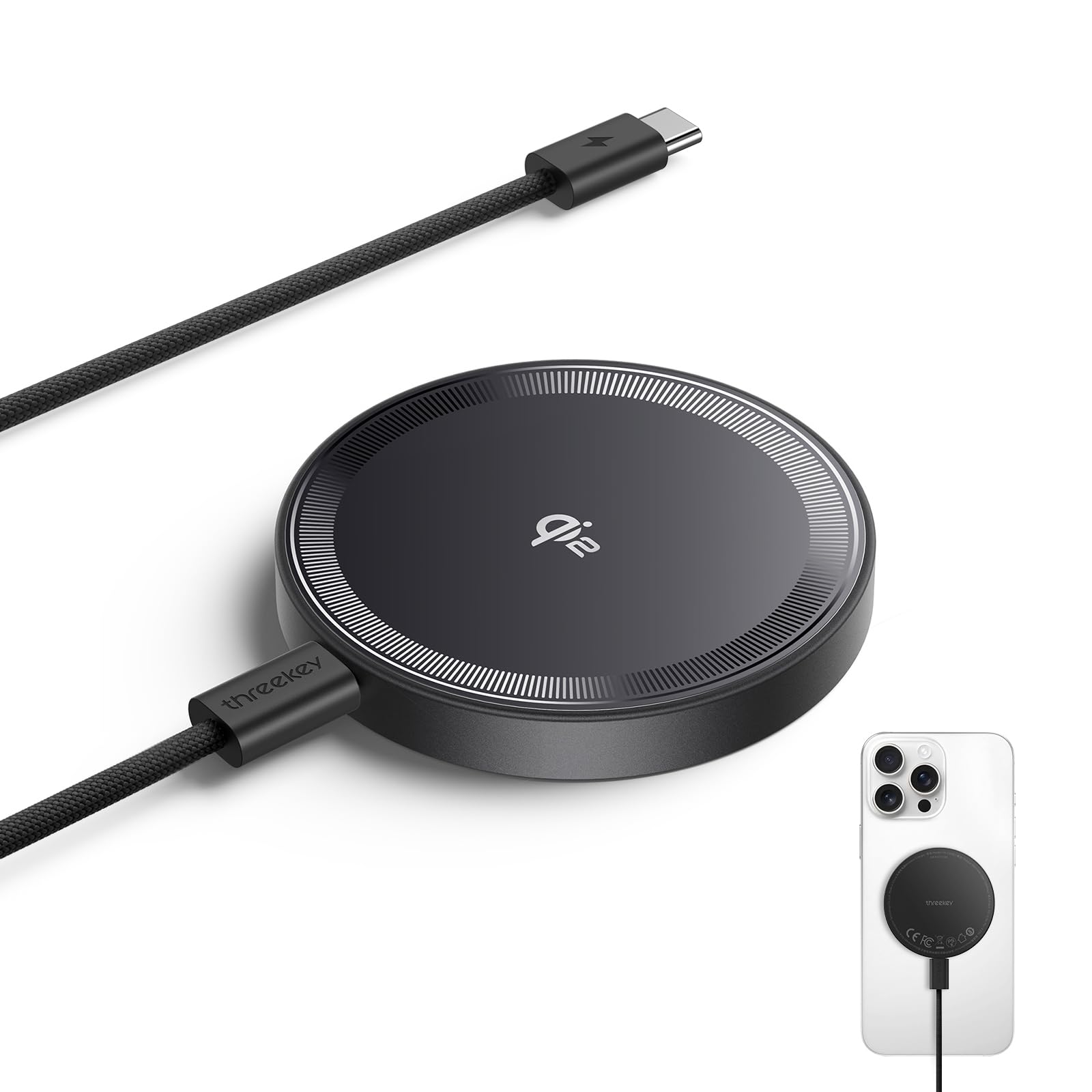 Photo 1 of THREEKEY Qi2 MagSafe Charger, Magnetic Charger for iPhone 17/16/15/14/13/12 Series & Galaxy S25 Ultra, Qi2 Wireless Charger Dual-Sided Magnets, 15W Fast Charging Pad with 5FT USB-C Cable (Black)