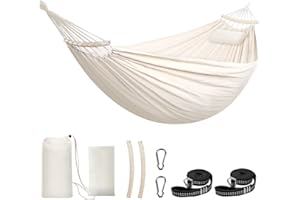 Chihee Cotton Hammock Large Soft Breathable Camping Hammock Holds Up to 660lbs Portable Tree Hammocks with Detachable Spreader Bar Pillow 2 Strong Webbings 2 Carabiners Patio Garden Indoor Outdoor