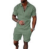 UOUA Mens Summer Track Suits 2 Piece Shorts Sets Short Sleeve Sweatsuit Outfits 1/4 Zip Golf Polo Shirts Loungewear