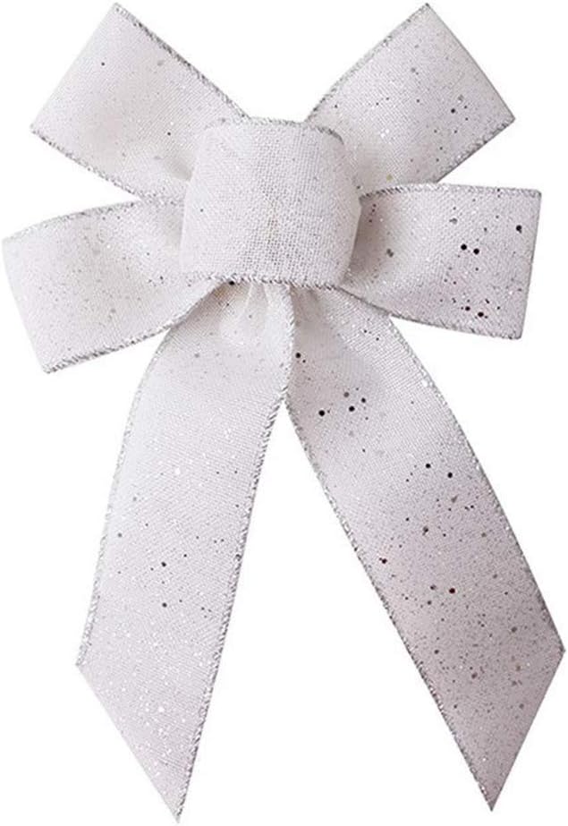 Bows & Ribbons - JANOU White Glitter Bow Holiday Wreath Bow DIY Crafts Rustic Bowknot Ornaments for Christmas Tree Topper Wedding Party Decorations, 9.4x15.7 in