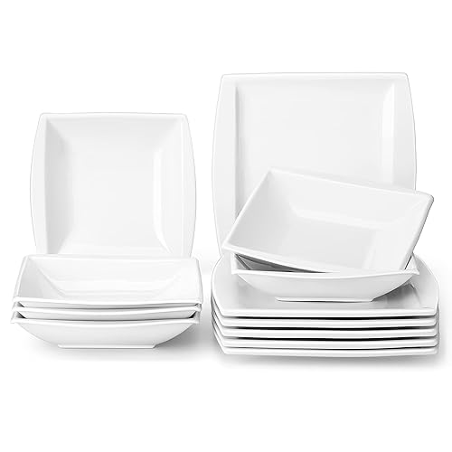 MALACASA Square Ivory White Dinner Sets, 12 Pieces Porcelain