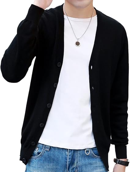 Amazon Crownbee ニット カーディガン メンズ Vネック カジュアル ビジネス ニットセーター 無地 春秋冬 C111 L ブラック カーディガン 通販