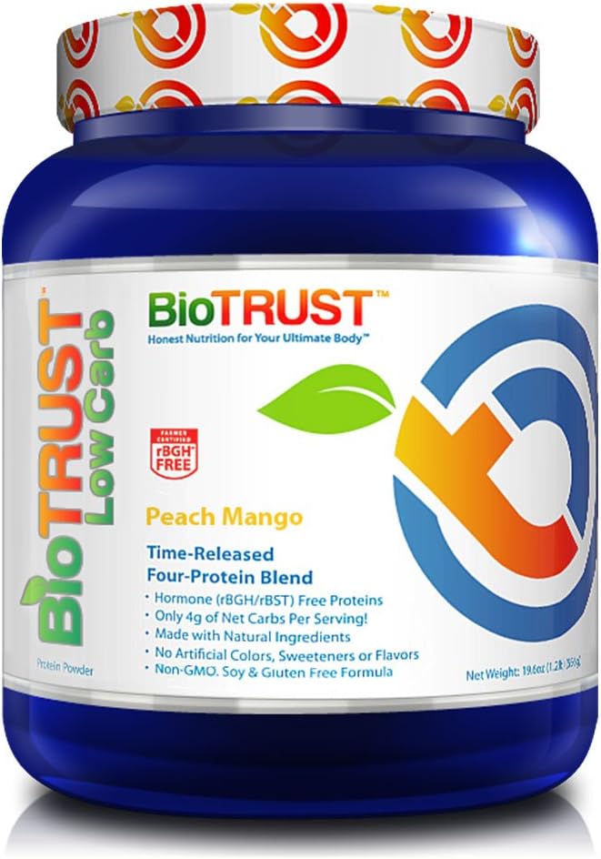 BioTrust Low Carb Delicious Protein Powder Whey and Casein Blend from Grass-Fed Hormone Free Cows, Non GMO, Soy Free, Gluten Free, Hormone and Antibiotic Free, Peach Mango (14 Servings)