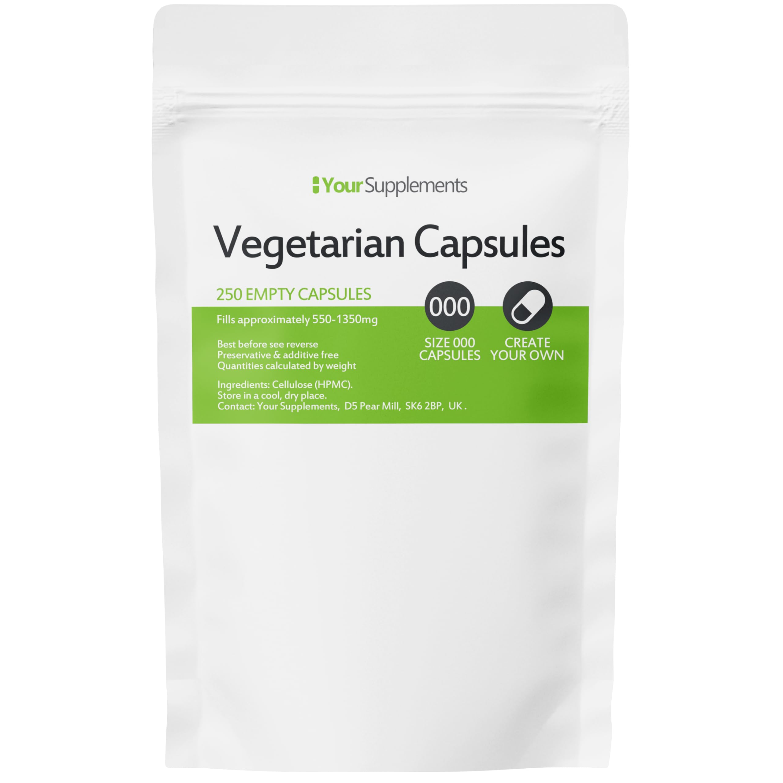Your Supplements Empty Vegetarian Capsules - Size 000 (250 Pack)