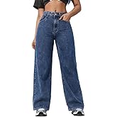 Achiprely Straight Leg Jeans for Women High Waist Baggy Jeans Loose Boyfriend Jeans Denim Pants with Pockets Washed Blue M