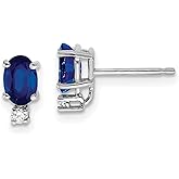 14k White Gold Oval Blue Sapphire Stud Earrings with Round Diamond Accents, Gemstone Earrings for Women, Classic Fine Jewelry for Anniversary, Formal Wear, or Everyday Elegant Sapphire Style 9x4 mm