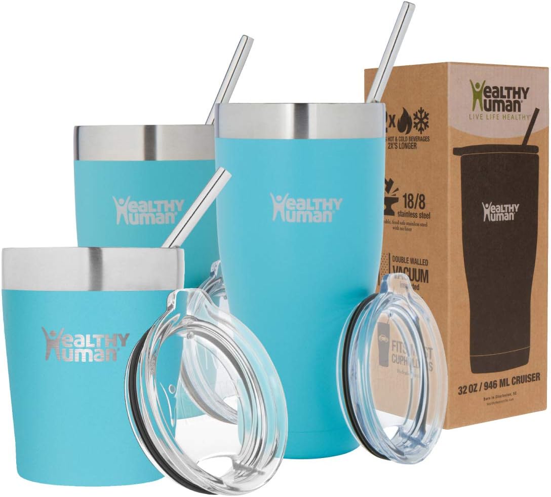 Healthy Human Insulated Stainless Steel Tumbler Travel Cruiser Cup with Straw and Lid 32 oz Glacier