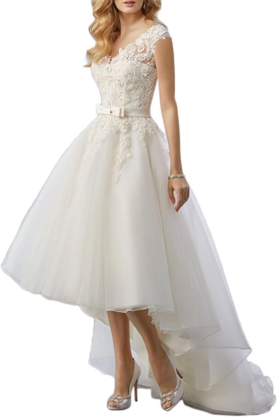 Women's Lace High Low Short Tea Length Wedding Dress Bridal Gown