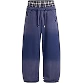 Aelfric Eden Double Waist Washed Baggy Sweatpants Loose Wide Leg Plaid Patchwork Casual Pants with Pockets