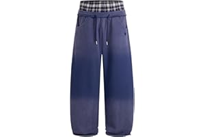 Aelfric Eden Double Waist Washed Baggy Sweatpants Loose Wide Leg Plaid Patchwork Casual Pants with Pockets