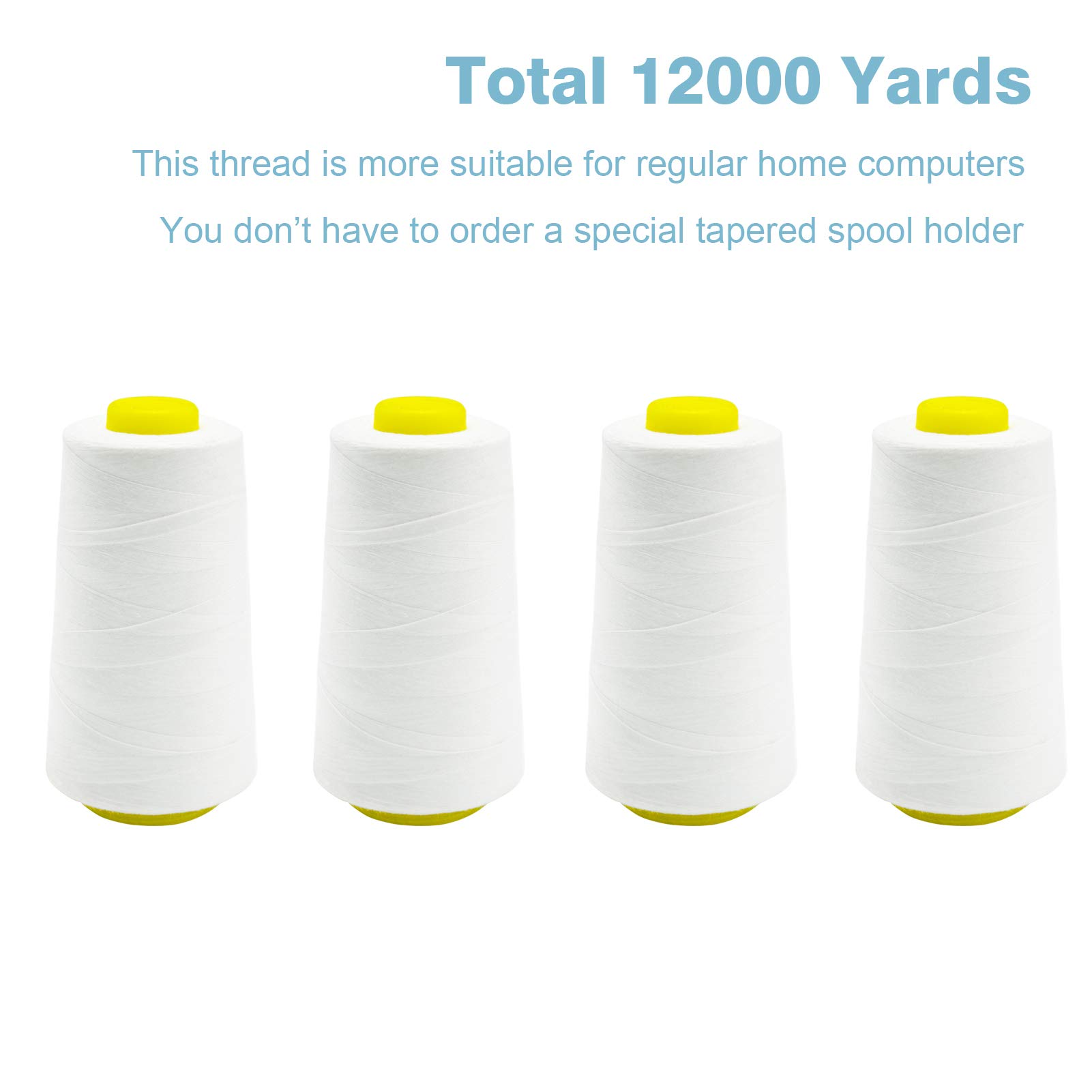 White Serger Thread, All-Purpose Thread for Sewing, Polyester, 4 Cones of 3000 Yards Each Spool for Sewing Machine