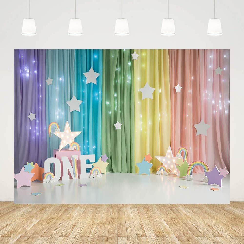 MEHOFOND 7x5ft Rainbow One Birthday 1st Girl Bday Hanging Stars Party Supplies Decoration Banner Photo Studio Props for Cake Smash - Image 3