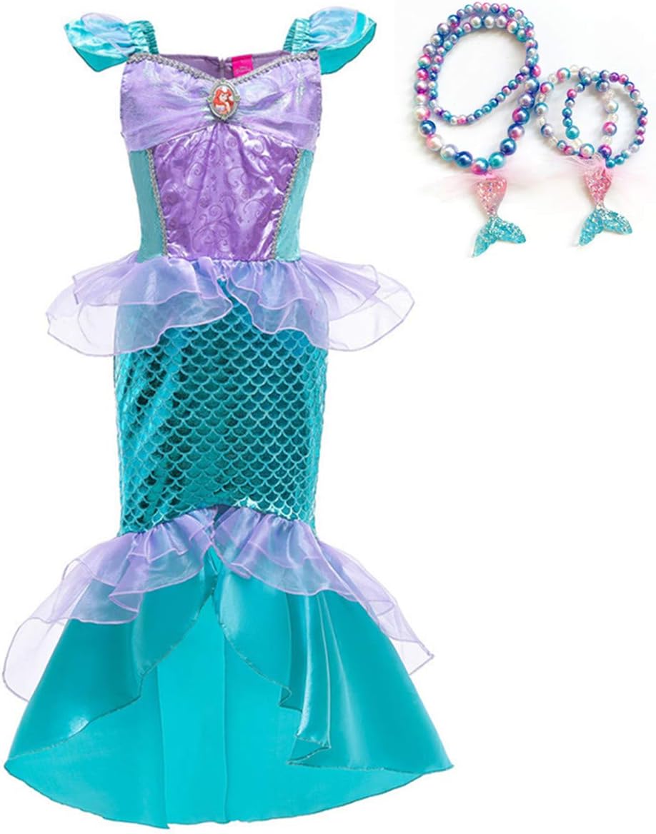 Amazon Axaxa プリンセスドレス 子供用 アリエルドレス リトル マーメイド 人魚姫のようなドレス ネックレス ブレスレット 3点セット 110 130cm コスプレ キッズコスチューム ワンピース イベント ステージ衣装 変装 演出 仮装 ハロウィン クリスマス 誕生日