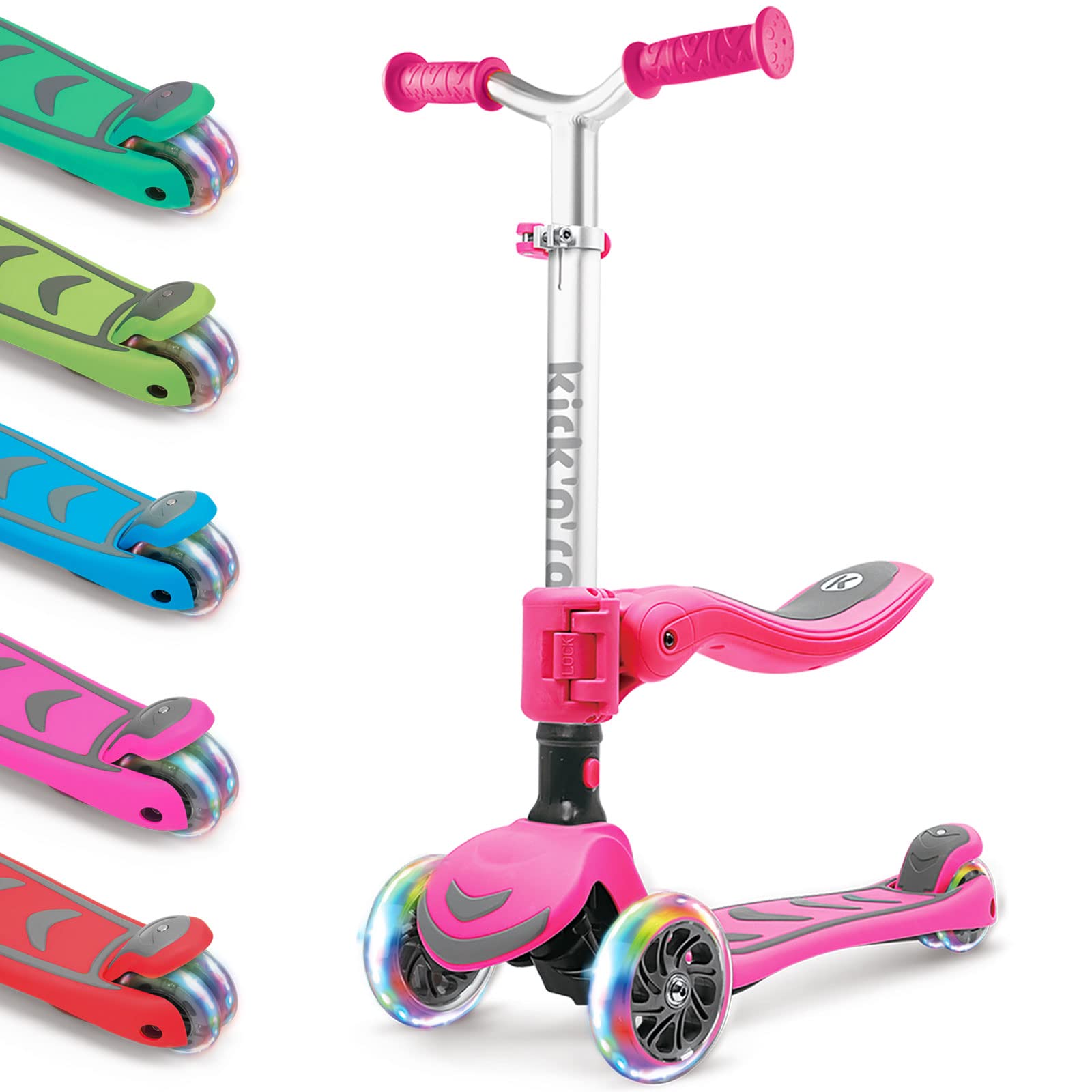 Kicknroll 3 Wheel Kids Scooter Age 2-7 with Removable Seat, Kick Scooter for Toddlers Girls Boys, Light up Wheels, Adjustable Height, Lean to Steer, Non-Slip Deck, Sturdy & Safe for Children