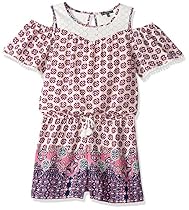 My Michelle Big Girls' Short Sleeve Cold Shoulder Romper, Ivory/Plum, M