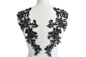 PLUNE Handmade Shining Rhinestones lace Applique Patches Sewing Beads Sequins Stone Trim Accessories for Wedding Dress one Pair/Bag (Black)