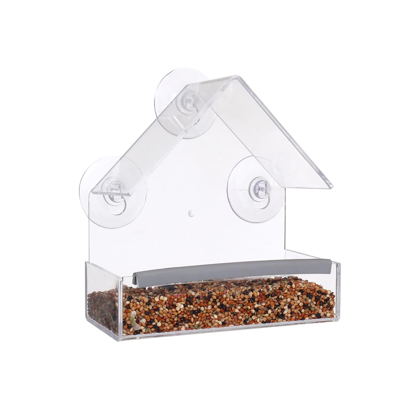 SUQ I OME Small Wild Window Bird Feeder with Strong Suction Cups and Seed Tray with Drain Holes, Small, Compact, Clear Acrylic, Easy Clean, Outside Feeders for Transparent Viewing（House)