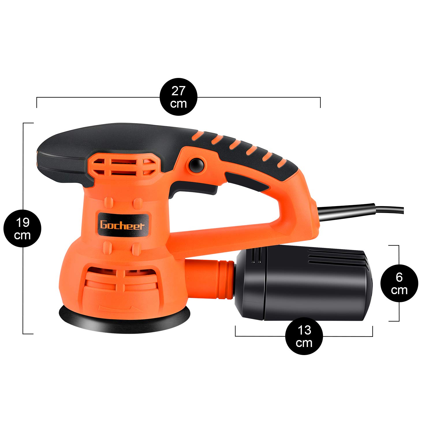 Exzenterschleifer, Gocheer Schleifmaschine 400W,6 Variable Speed,Ø125 mm,5000-13000 RPM Motor mit Reinigung und Staubsammelung System,Bequemer Griff,10 Stück Schleifpapier(3*80＃/ 3*120＃/ 4*240＃)