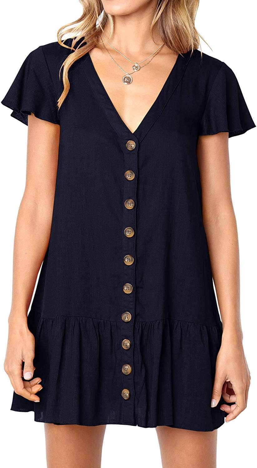 ImystyWomens Polka Dot V Neck Button Down Ruffles Loose Mini Short T-Shirt Dress