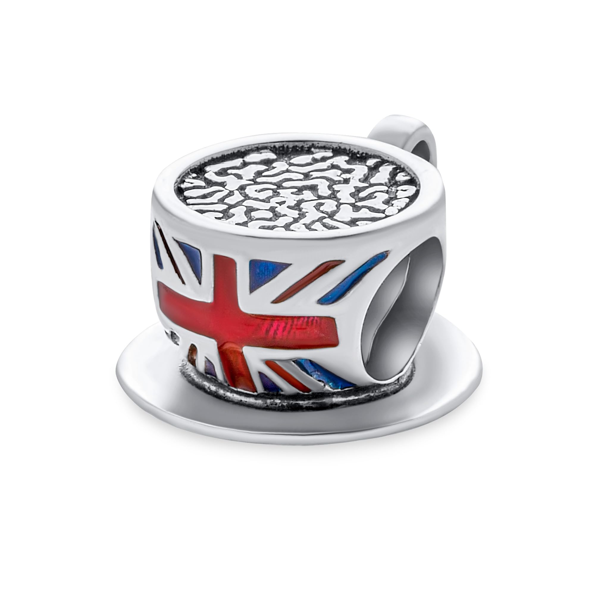 Bling Jewelry Travel England Vacation British Flag Union Jack UK London Coffee Tea Cup Charm Bead For Women .925 Sterling Silver Fit European Bracelet