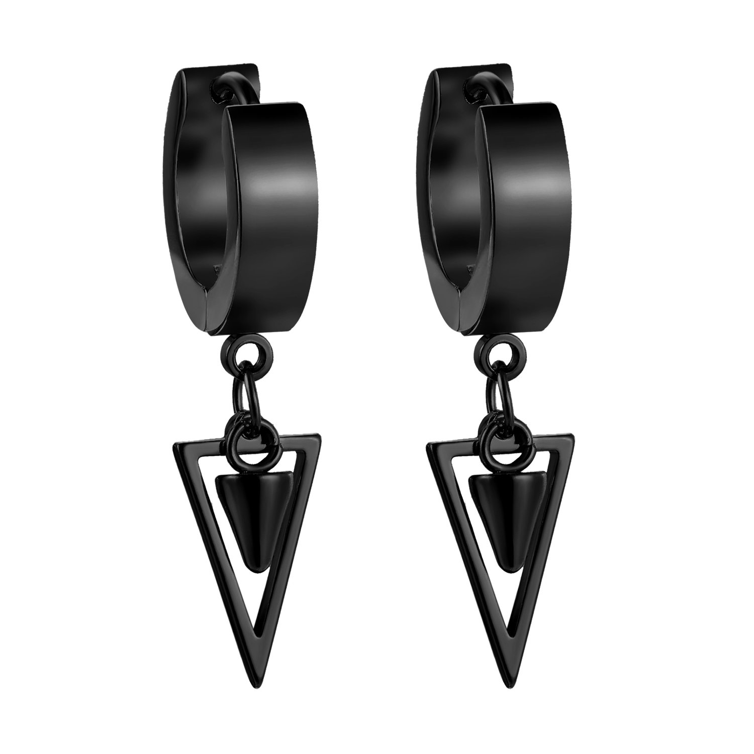 JewelryWe Unisex Huggie Hinged Hoop Earrings with Drop Geometric Triangle Rivet Dangling Earring for Men Women(Black)