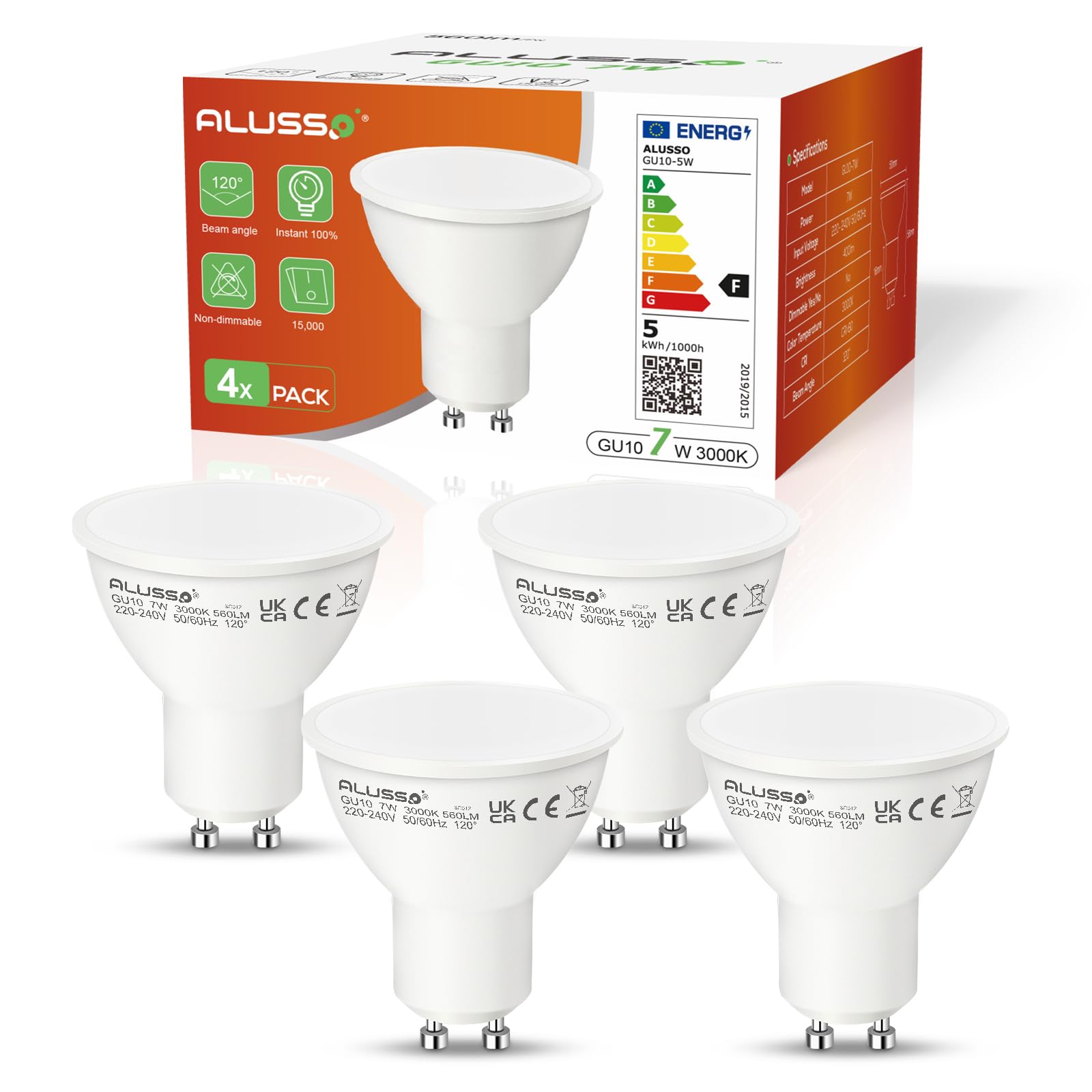 ALUSSO LIGHTING GU10 LED 7W Bulbs, Replaces 70W Halogen Lamp, 560 Lumen 3000K Warm White Lamps, Beam Angle 120° Flicker-Free Spotlights, Non Dimmable Reflector Lamps, 4-Pack