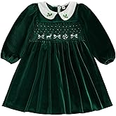 Kids Baby Girls Velvet Christmas Dress Long Sleeve Doll Collar Reindeer Bow Embroidered Smocked Dresses Winter Clothes