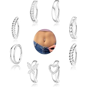 Kenivira 8 Pcs Belly Button Ring Hypoallergenic Surgical Steel CZ Belly Button Rings For Women Clicker Navel Piercing Jewelry