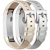 Tobfit Compatible with Fitbit Alta HR and Fitbit Alta Leather Bands Replacement Leather Watch Bands with Stainless Steel Buckle Compatible with Fitbit Alta HR and Alta (Gold+Silver)