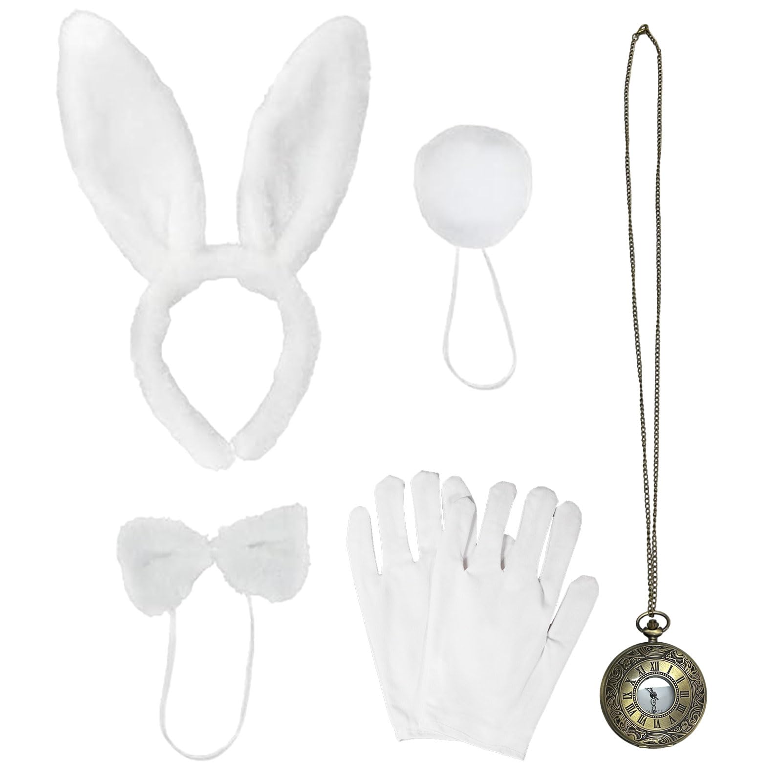 UILYNIU 5 Pieces White Bunny Costume Accessories Rabbit Ears Bow Tie White Gloves Rabbit Tail Watch Bunny Costume Children Adults Bunny Girl Cosplay for Easter World Book Day Halloween Party (White)