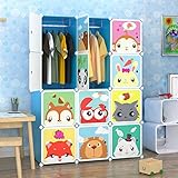 Tespo Portable Clothes Closet Wardrobe for Children and Kids, Cute Cartoon, DIY Modular Storage Organizer, Sturdy and Safe Construction, 12 Deeper Cubes with Hanging Rods (Blue)