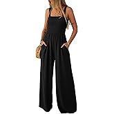 Lepunuo Jumpsuits for Women Casual One Piece Overalls Smocked Wide Leg Long Rompers With Pockets Beach Vacation