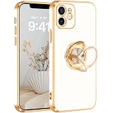 Fingic for iPhone 12 Case 360&deg; Rotatable Ring Holder Magnetic Kickstand | Shiny Plating Gold Edge Slim Soft TPU Shockproof Protective Phone Case for Women Men for iPhone 12 6.1 inch 2020, White