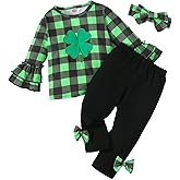Guodeunh Toddler Girl St. Patrick's Day Clothes Kid Girl Plaid Four Leaf Clover T-Shirt Top + Flared Pants Spring Outfit