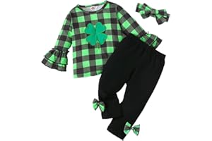 Guodeunh Toddler Girl St. Patrick's Day Clothes Kid Girl Plaid Four Leaf Clover T-Shirt Top + Flared Pants Spring Outfit
