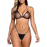 RNHGBB Women Sheer Sexy Lingerie Set, Adjustable Halter Mesh Bra and Panty Sets See Through, Black, Onesize 2-8