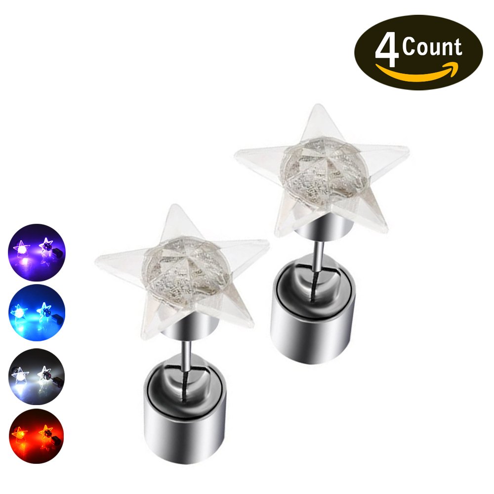Led Earrings,4 Pair Glowing Light Up Earrings Star Shape Multicolor Bright Stylish Fashion Ear Drop Pendant Stud Stainless for Party Men Women Halloween Thanksgiving Day Christmas(4 color)