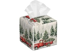 HOYYU Christmas Tree Red Truck Tissue Box Cover Winter Holiday Snow Square Leather Tissue Case Holder Facial Paper Organizer Decorative for Tabletop Night Stands Desk Bathroom Kitchen Office Home Decor