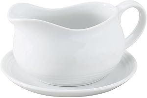 HIC Kitchen Hotel Gravy Boat With Saucer, Fine Porcelain, 24-Ounce Capacity For Gravy, Sauce, Au Jus, Dressing, Holiday Meals, And Entertaining