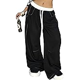 RoseSeek Women's Y2K Stitching Wide Leg Fall Pants Drawstring Waist Hip Hop Streetwear Baggy Track Pants