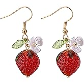 Strawberry Earrings, Glass Bead Strawberry Handmade Drop Earrings for Women Fruit Pendant Studs Cute Summer Gift Jewelry Accessories for Women