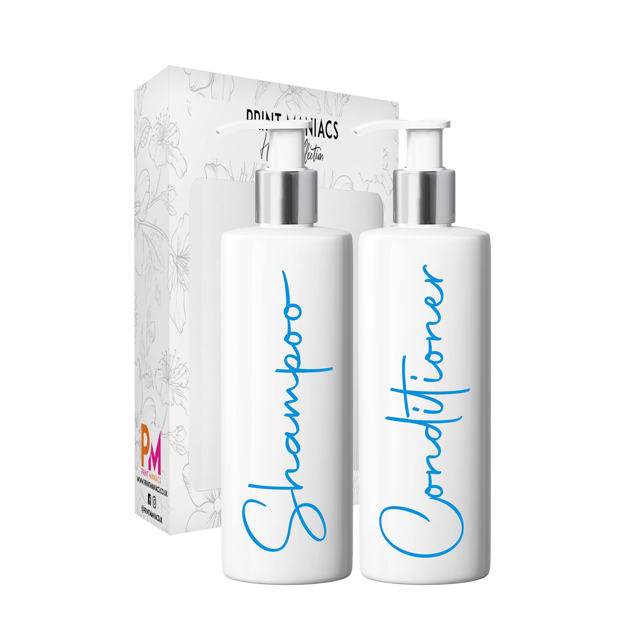 Print Maniacs Mrs Hinch Inspired White Personalised Dispenser Pump Bottles Shampoo Conditioner 2 Set F2 (Blue)