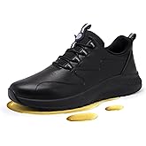 Delobi Black Non Slip Work Shoes for Women, Slip-On Waterproof Leather Sneakers for Kitchen Chef Restaurant Food Service Nursing, Comfortable Slip Resistant Walking Shoe Size 6-11