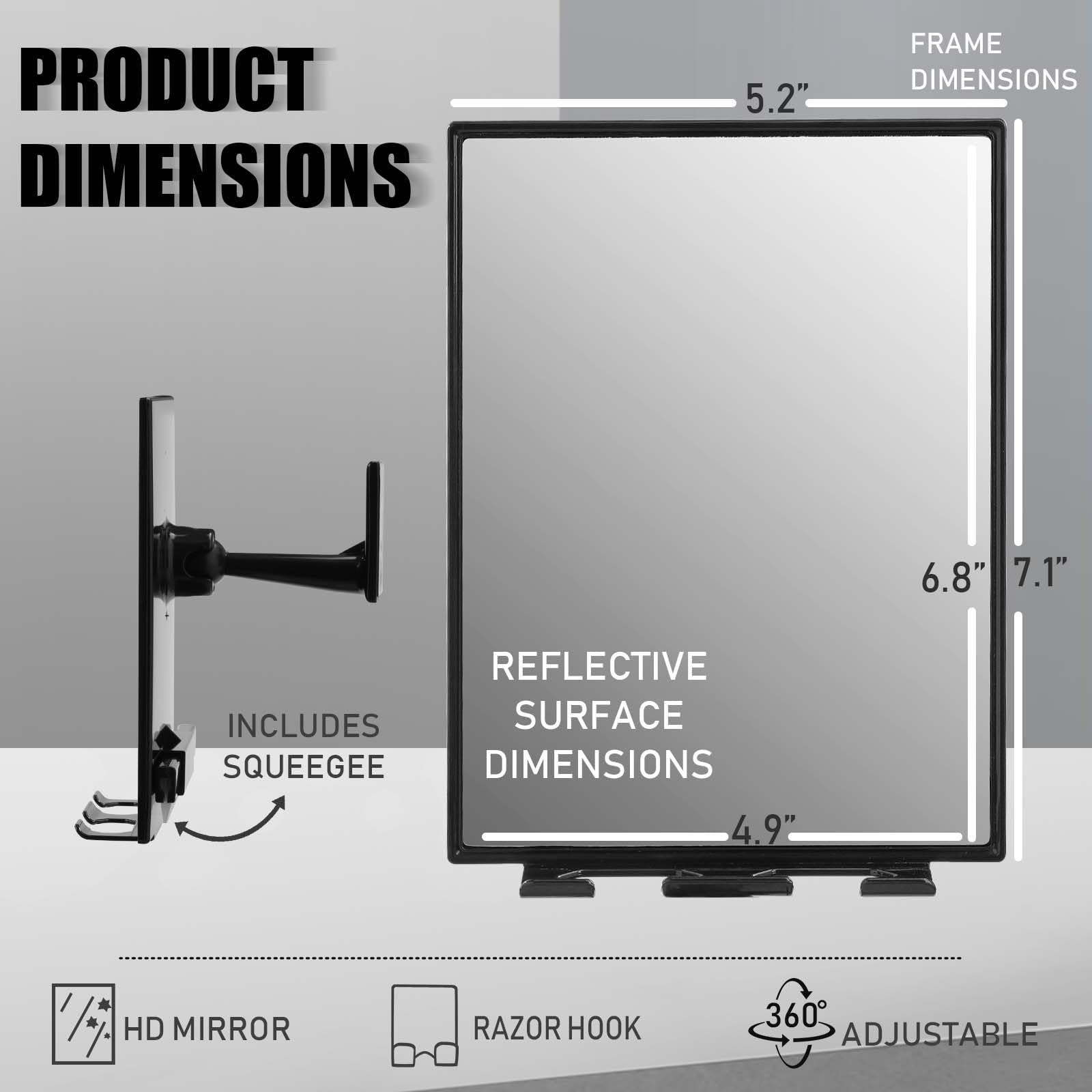 LFOYOU Shower Mirror for Shaving - with Squeegee, Razor Holder & Swivel, 360°Rotation Adjustable Mirror, Accessories, Bathroom Holds Razors