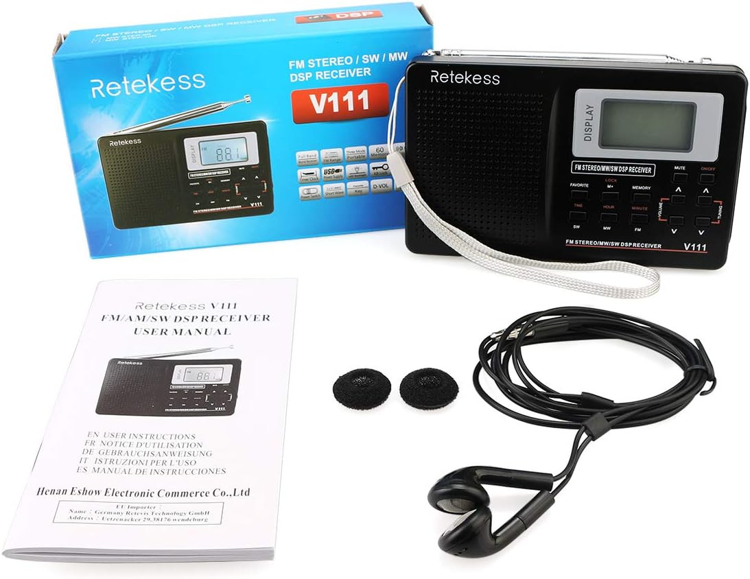Retekess V111 Portable AM FM Shortwave Radio Alarm Clock Battery Operated AA Battery with Earphones Jack Sleep Timer for Travel(Black): Electronics