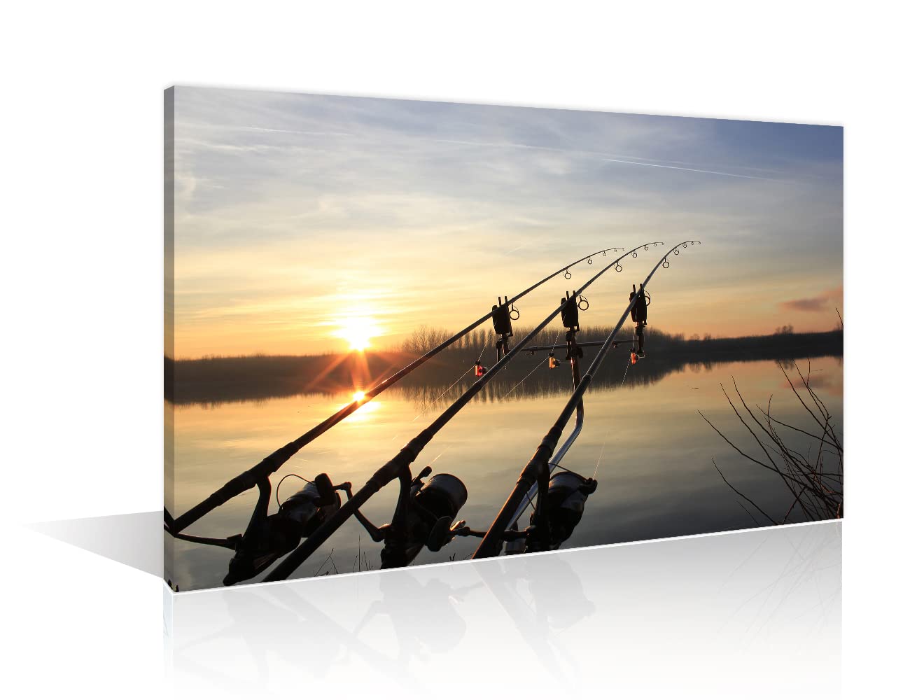 1 Piece Wall Decor Lake Sunset Canvas Paintings Dock Fishing Pictures for Bedroom, Bathroom, Office. Fishing Tackle Three Fishing Rod and Reel Posters and Prints Framed Ready to Hang (16"Wx24"H)